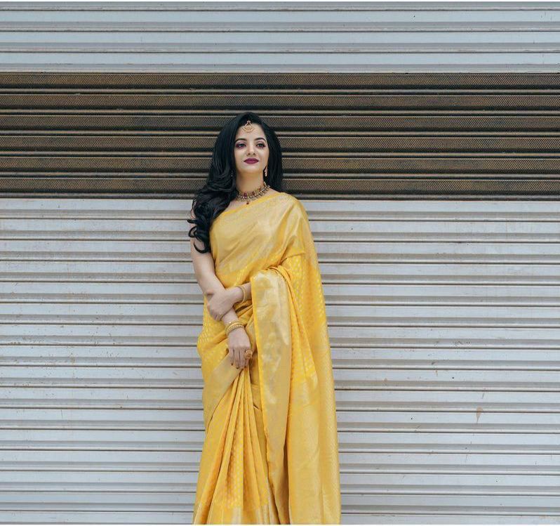 New Yellow Traditional Lichi Silk Banarasi Designer Saree