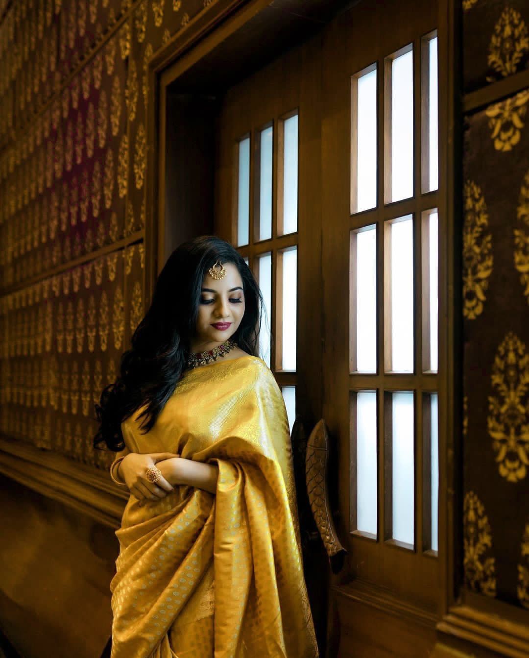 New Yellow Traditional Lichi Silk Banarasi Designer Saree