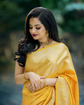 New Yellow Traditional Lichi Silk Banarasi Designer Saree