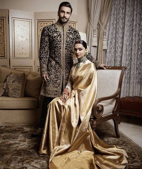 Deepika Padukone on Golden Color Soft Banarasi Silk Saree with Golden Zari Work for Wedding Wear