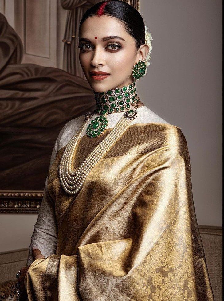 Deepika Padukone on Golden Color Soft Banarasi Silk Saree with Golden Zari Work for Wedding Wear