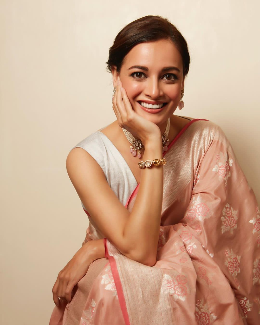 Dia Mirza Looks Beautiful in Peach Banarasi Silk Saree