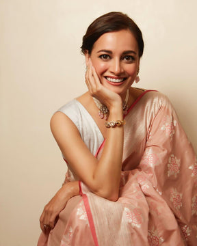 Dia Mirza Looks Beautiful in Peach Banarasi Silk Saree