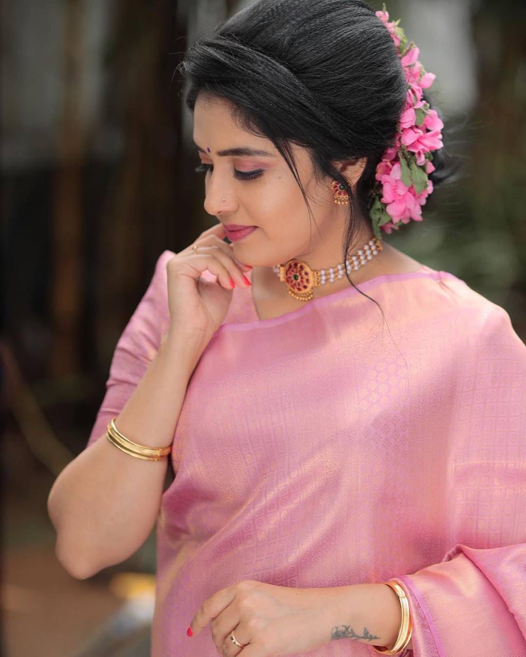 Pink Pastel Kanjivaram Lichi Silk saree