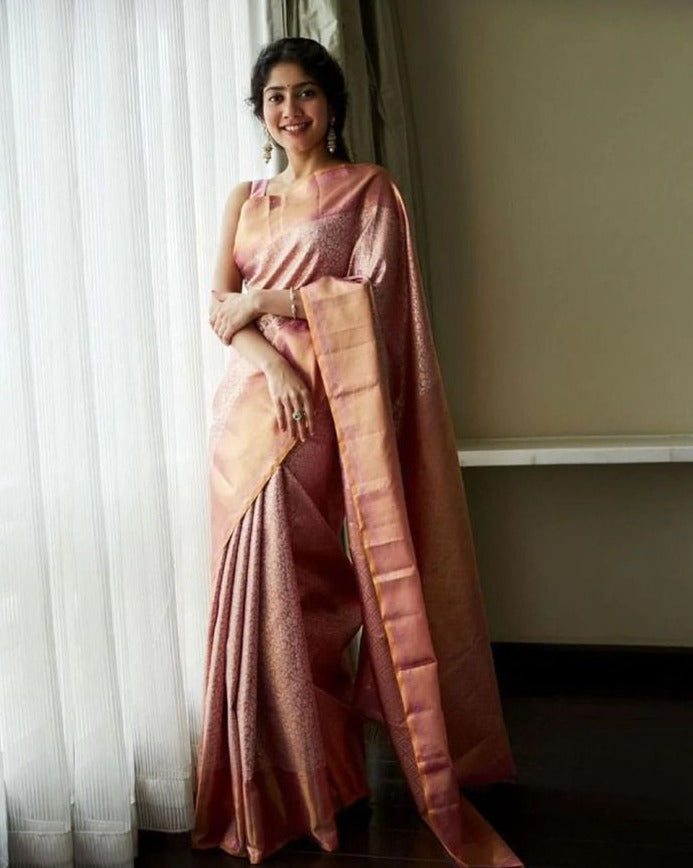 Sai Pallavi in Traditional Peach Colour Soft Lichi Silk Saree