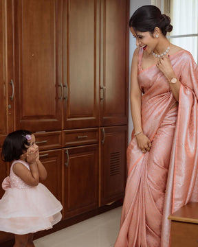 Traditional Peach Color Silk Banarasi Saree With Golden Zari Work