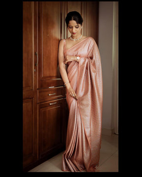 Traditional Peach Color Silk Banarasi Saree With Golden Zari Work