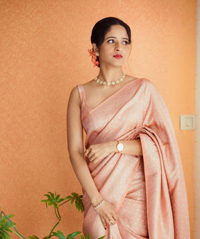 Traditional Peach Color Silk Banarasi Saree With Golden Zari Work