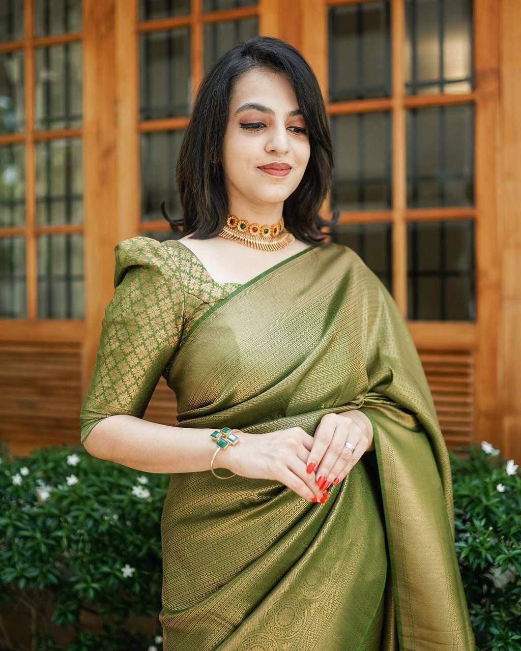 Silk Traditional Saree in Green with Weaving work