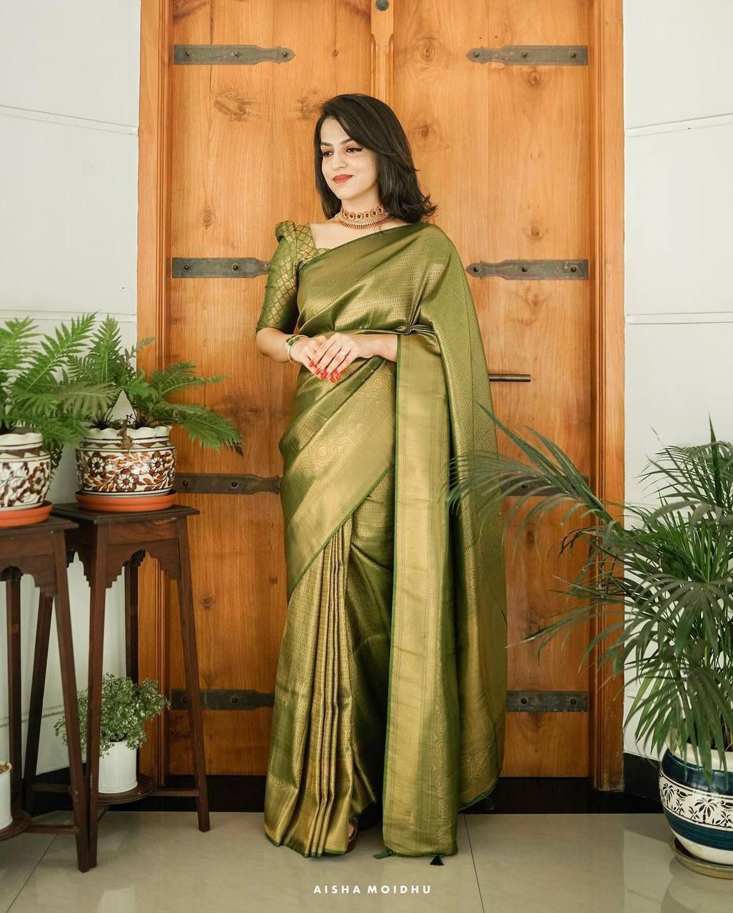 Silk Traditional Saree in Green with Weaving work