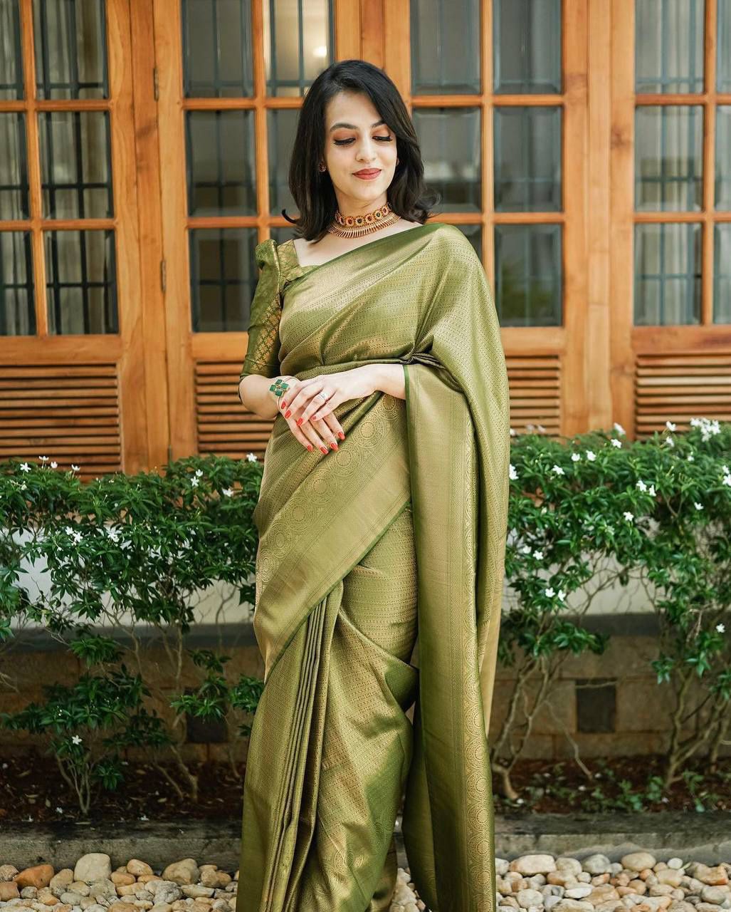 Silk Traditional Saree in Green with Weaving work