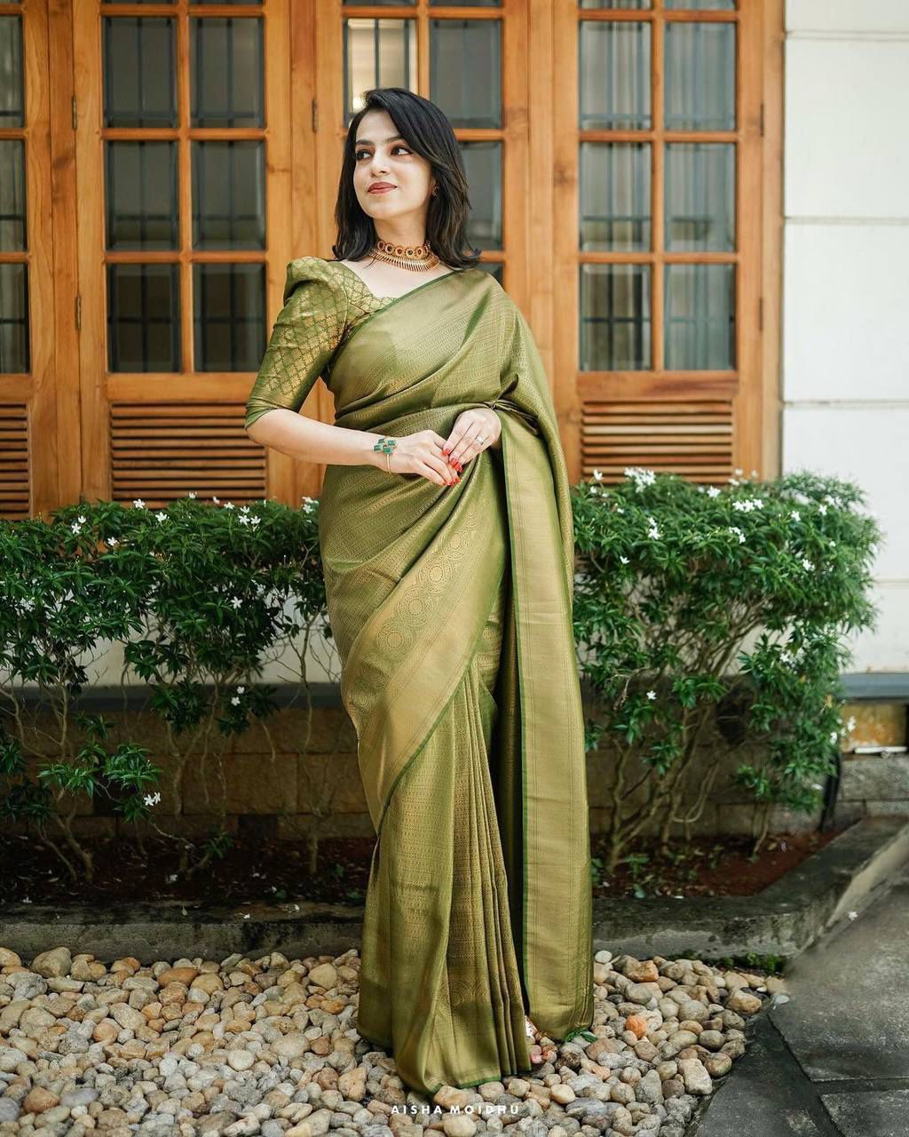 Silk Traditional Saree in Green with Weaving work