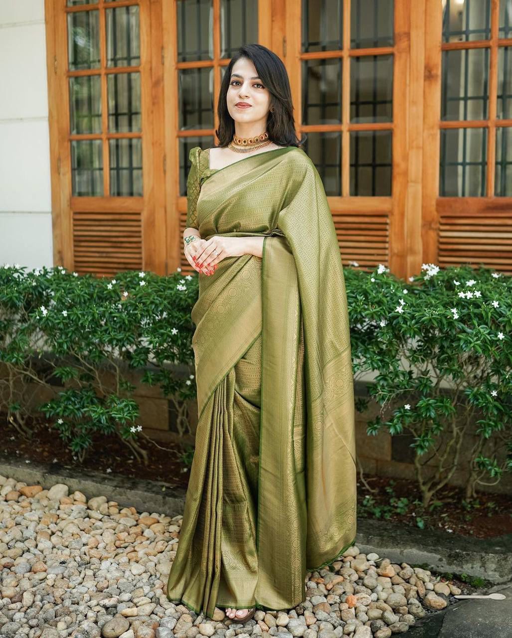 Silk Traditional Saree in Green with Weaving work