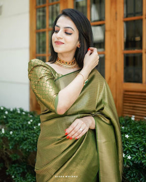 Silk Traditional Saree in Green with Weaving work