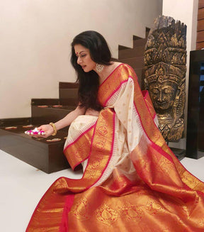 White & Red Soft Lichi Silk Saree With Zari Weaving Work