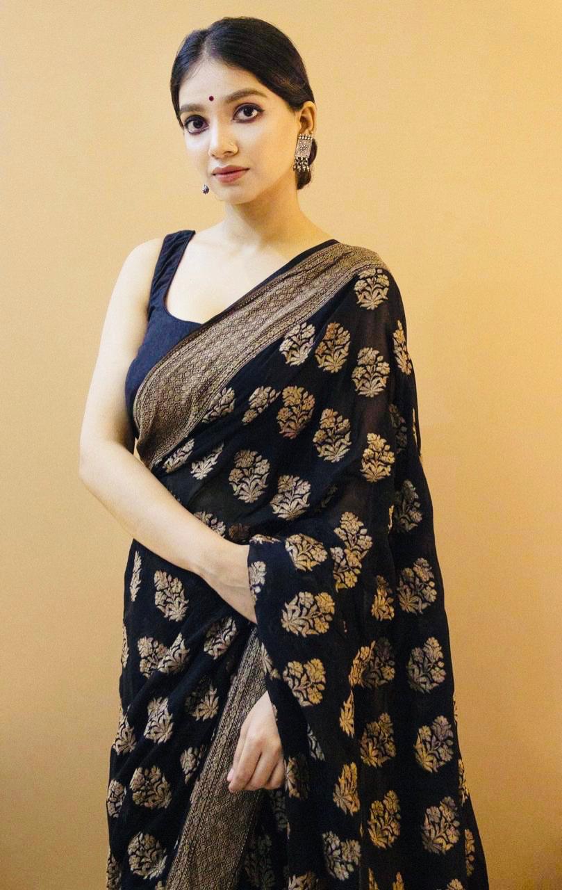 New Black Designer Ethnic Wear Lichi Silk Saree