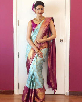 Kajal Aggarwal in Red Traditional Banarasi Silk Saree