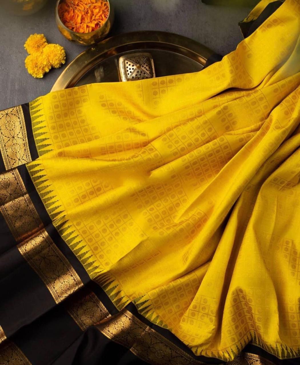 Yellow Traditional Soft Lichi Silk Designer Banarasi Saree