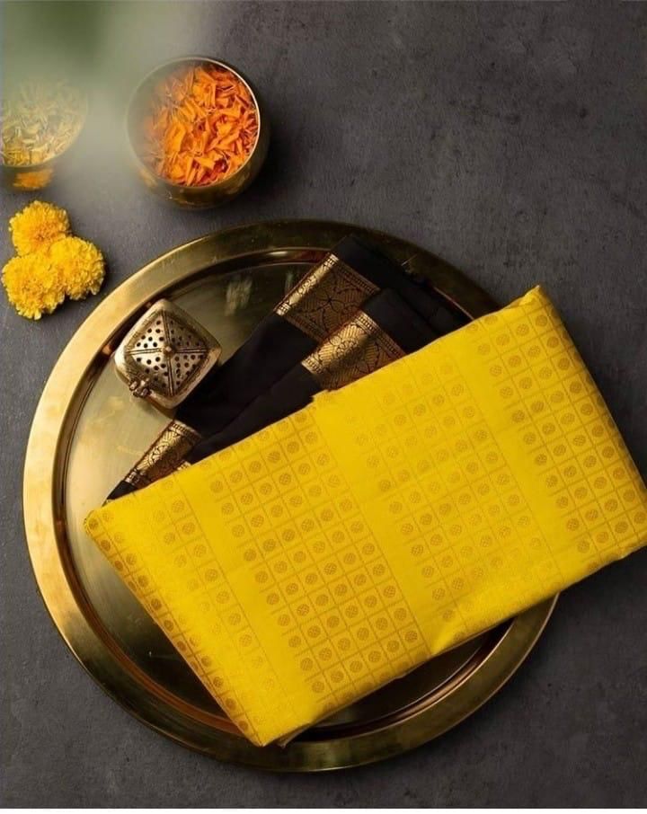 Yellow Traditional Soft Lichi Silk Designer Banarasi Saree