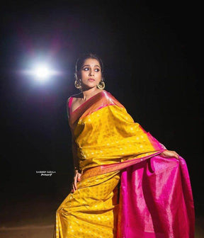 Yellow With Pink Attractive Traditional Lichi Silk Bridal Wear Banarsi Saree