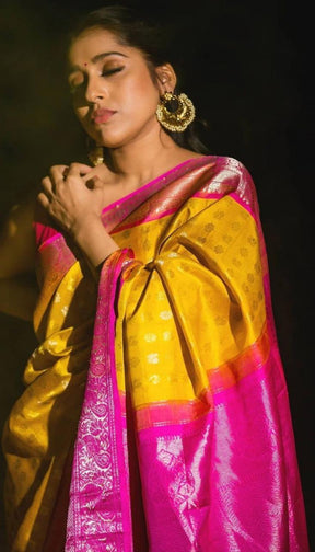 Yellow With Pink Attractive Traditional Lichi Silk Bridal Wear Banarsi Saree