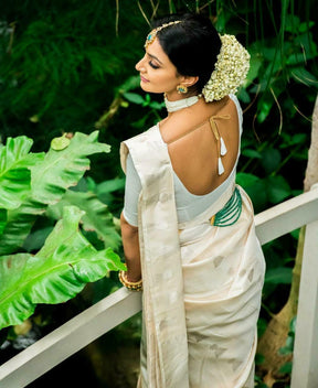 White Traditional Bridal Wear Banarasi Lichi Silk Saree