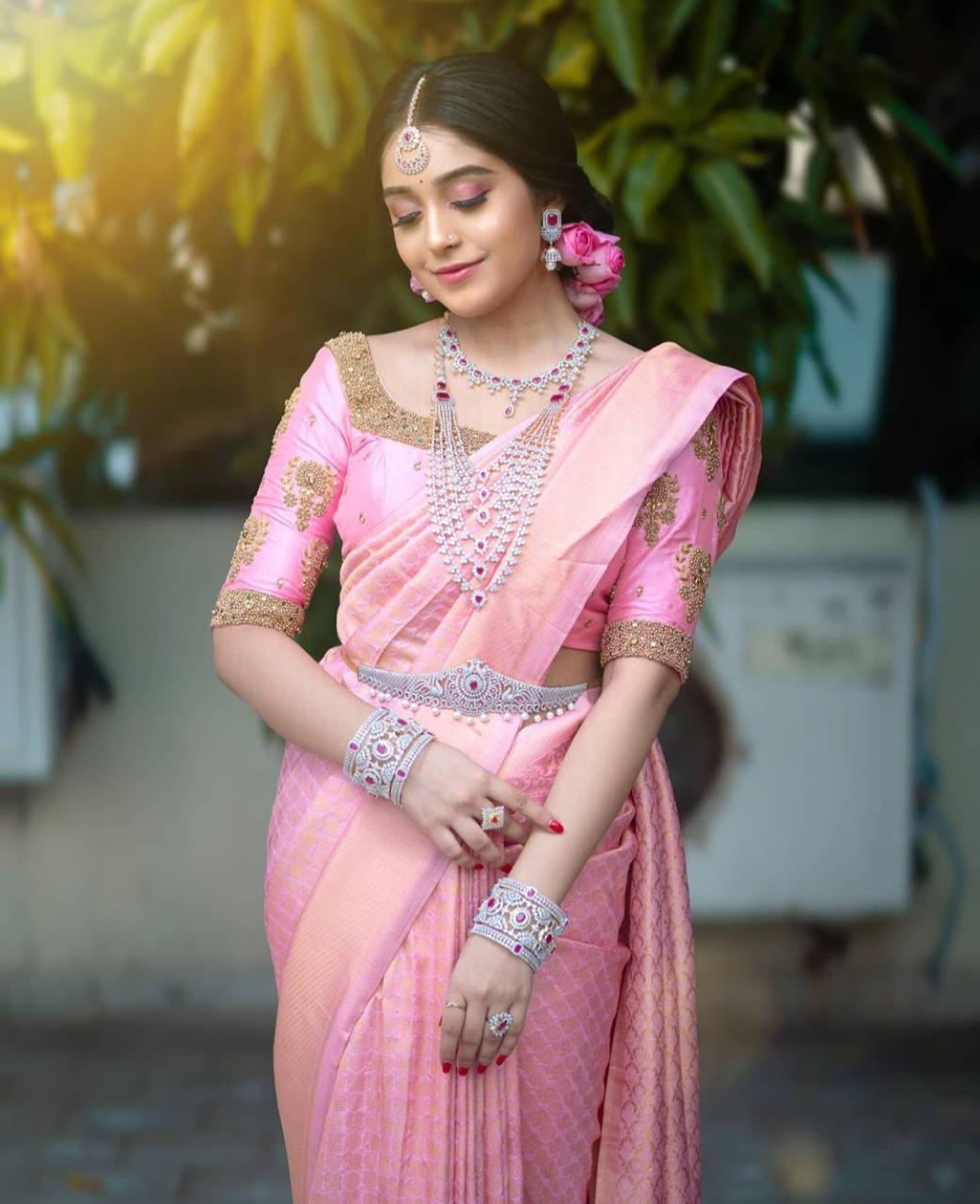 Attractive Pink Traditional Bridal Wear Banarasi Lichi Silk Saree