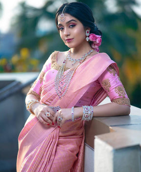 Attractive Pink Traditional Bridal Wear Banarasi Lichi Silk Saree