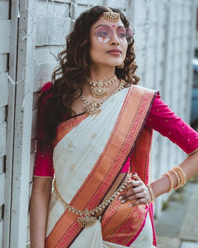 White and Pink Attractive Traditional Bridal Wear Banarasi Lichi Silk Saree