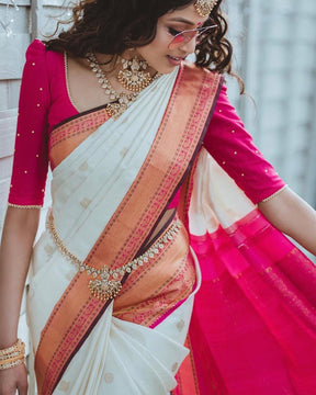 White and Pink Attractive Traditional Bridal Wear Banarasi Lichi Silk Saree