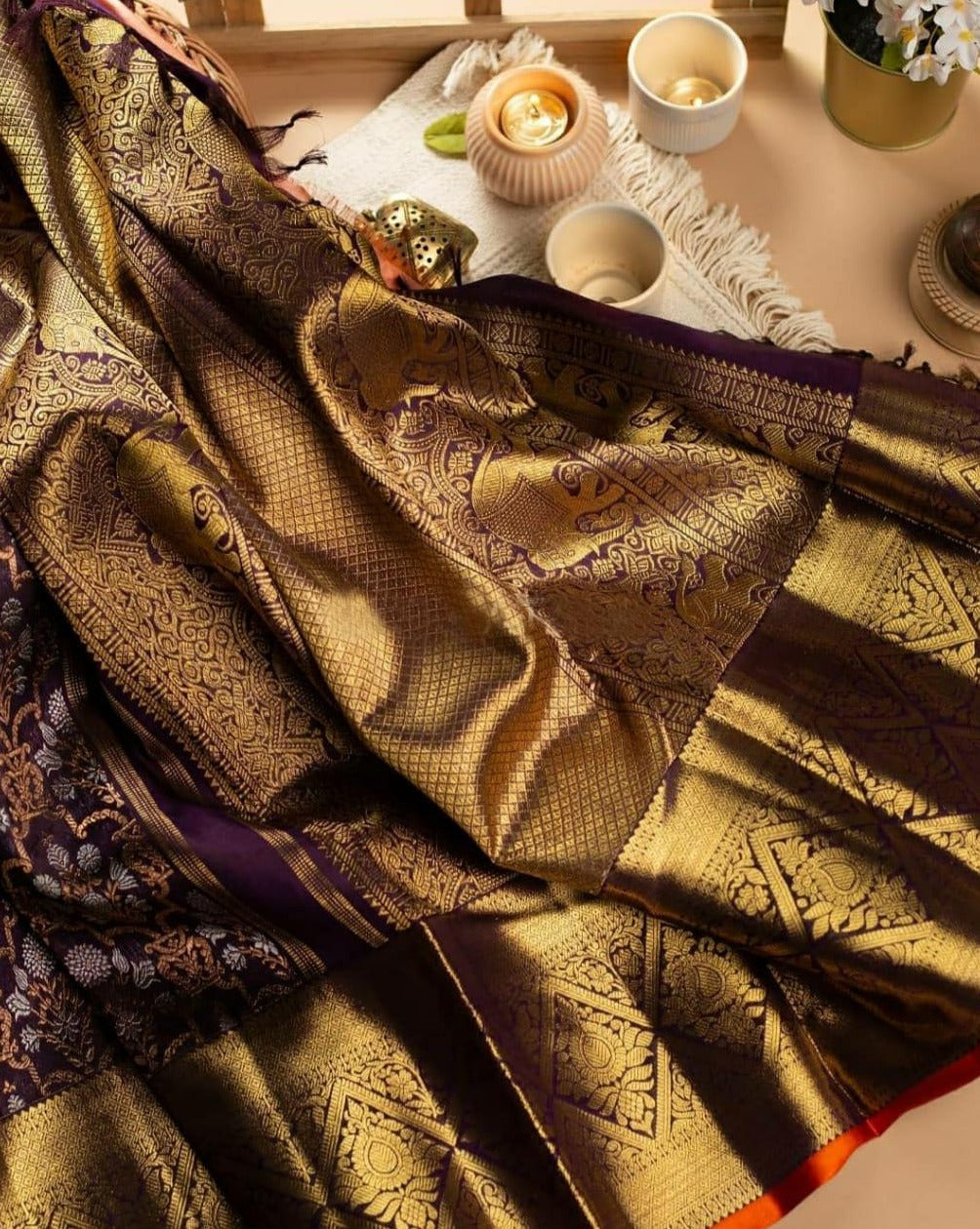 Tempting Wine Luxuriant Soft Banarasi Silk Saree