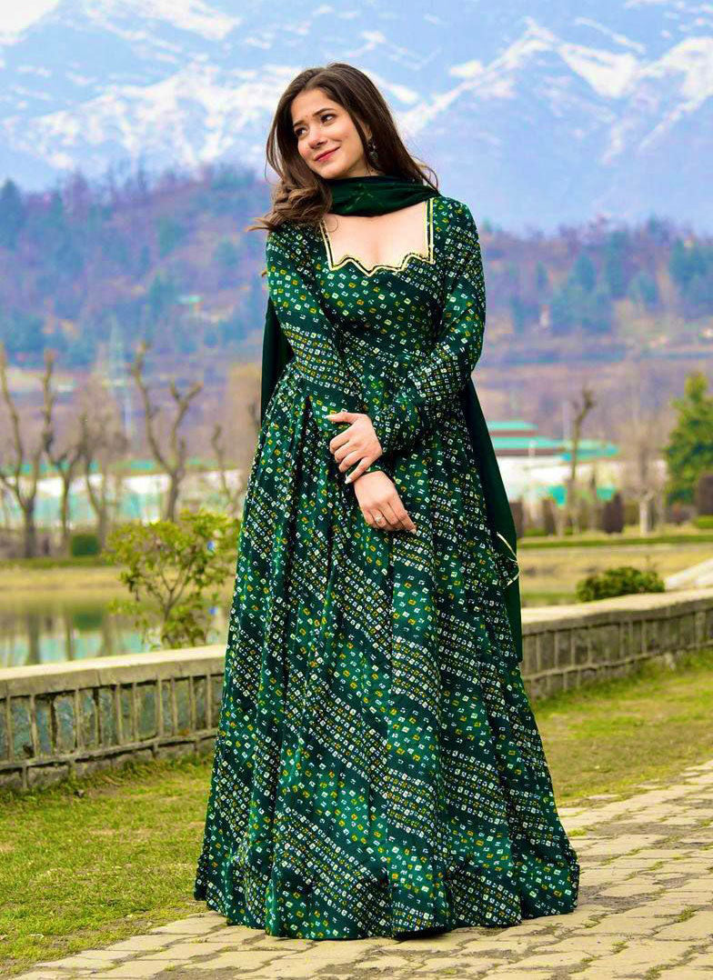 Green Color Charming White Ethnic Motifs Gown