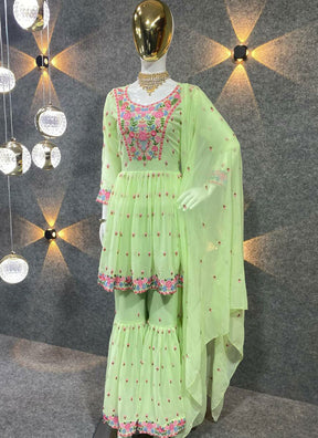 Women Charming Pasta Green Ethnic Motifs Sharara Gown