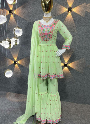 Women Charming Pasta Green Ethnic Motifs Sharara Gown