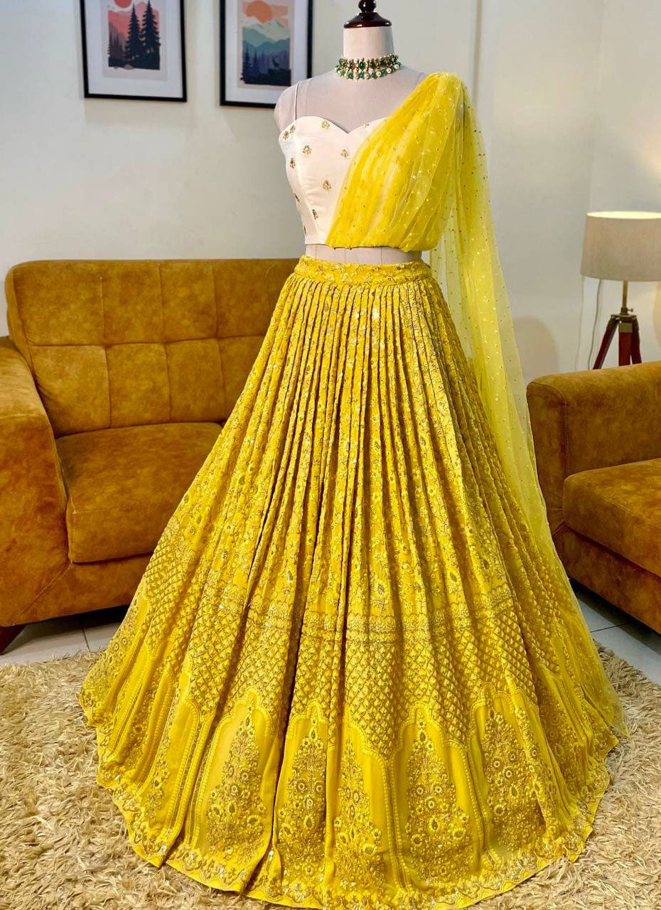 Lemon Yellow Colored Attractive Party Wear Lehenga Choli With Embroidery Work SI 1047