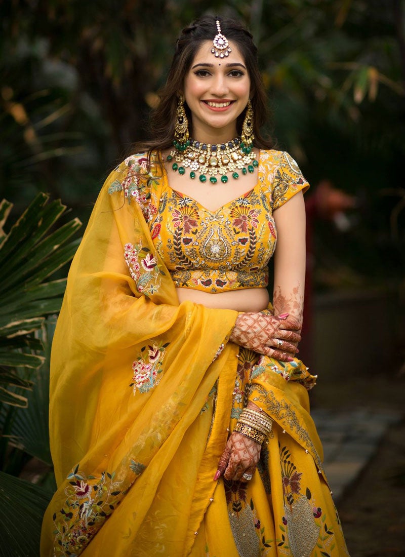 Yellow Designer Partywear Embroidered Work Malay satin Bridesmaid Lehengas SI-10