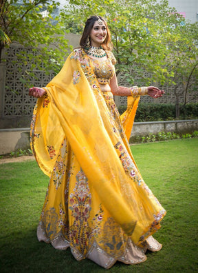 Yellow Designer Partywear Embroidered Work Malay satin Bridesmaid Lehengas SI-10