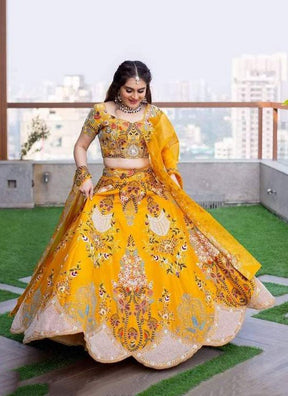 Yellow Designer Partywear Embroidered Work Malay satin Bridesmaid Lehengas SI-10