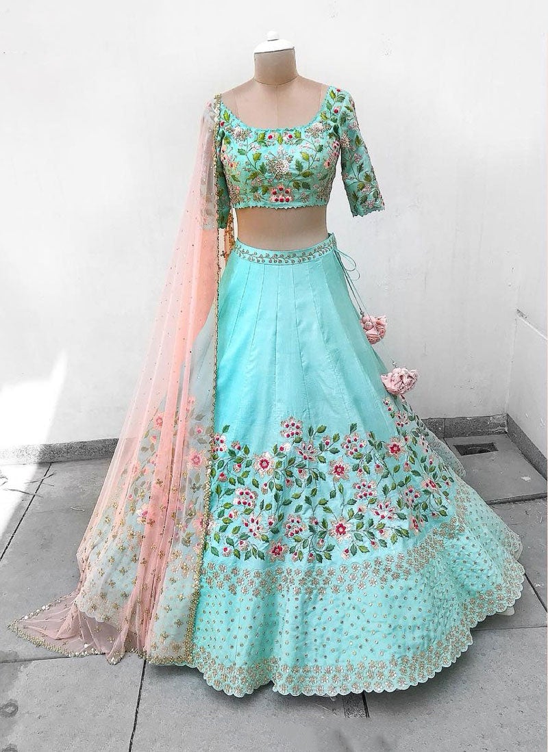 Sky blue Designer Partywear Embroidered Work silk Material Bridesmaid Lehengas SI 12