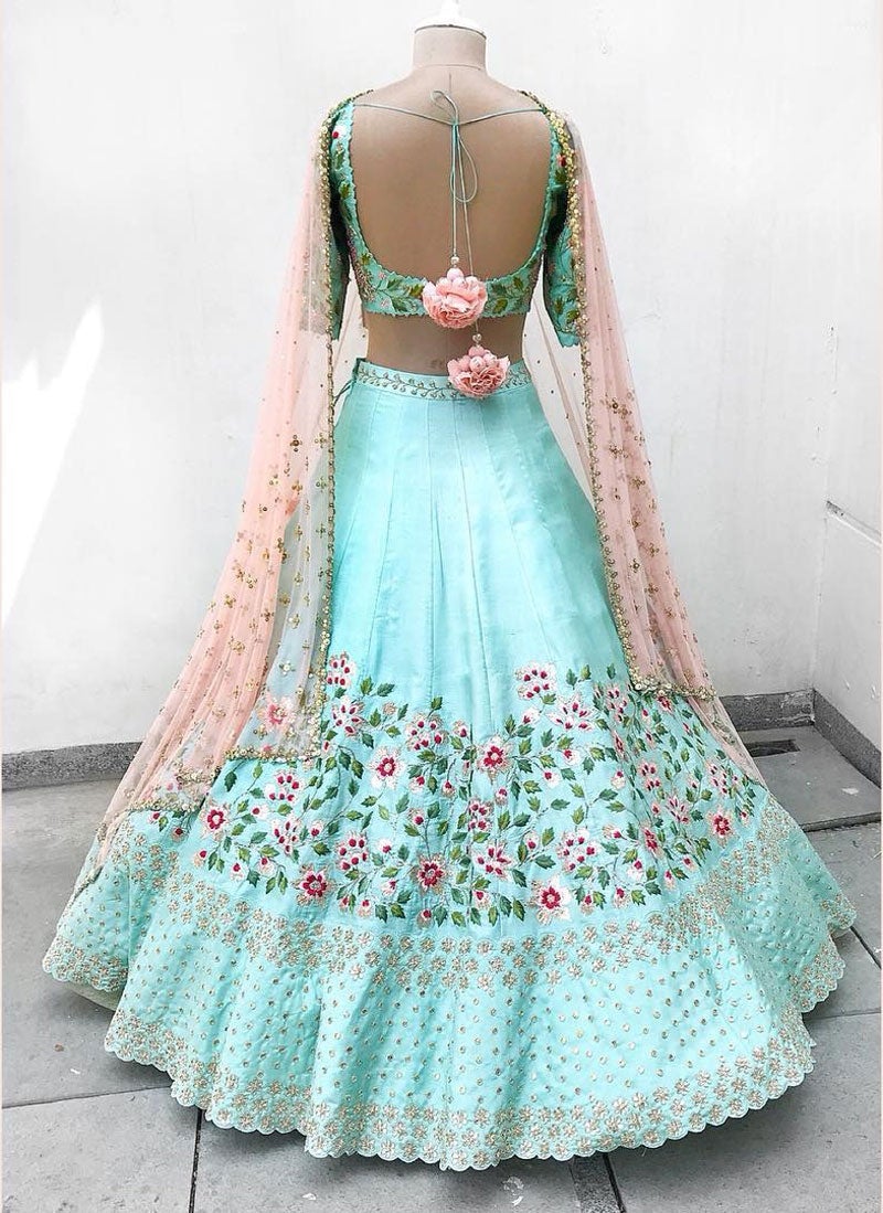 Sky blue Designer Partywear Embroidered Work silk Material Bridesmaid Lehengas SI 12