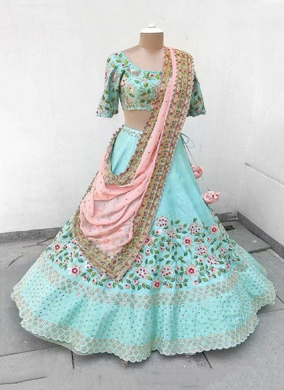 Sky blue Designer Partywear Embroidered Work silk Material Bridesmaid Lehengas SI 12