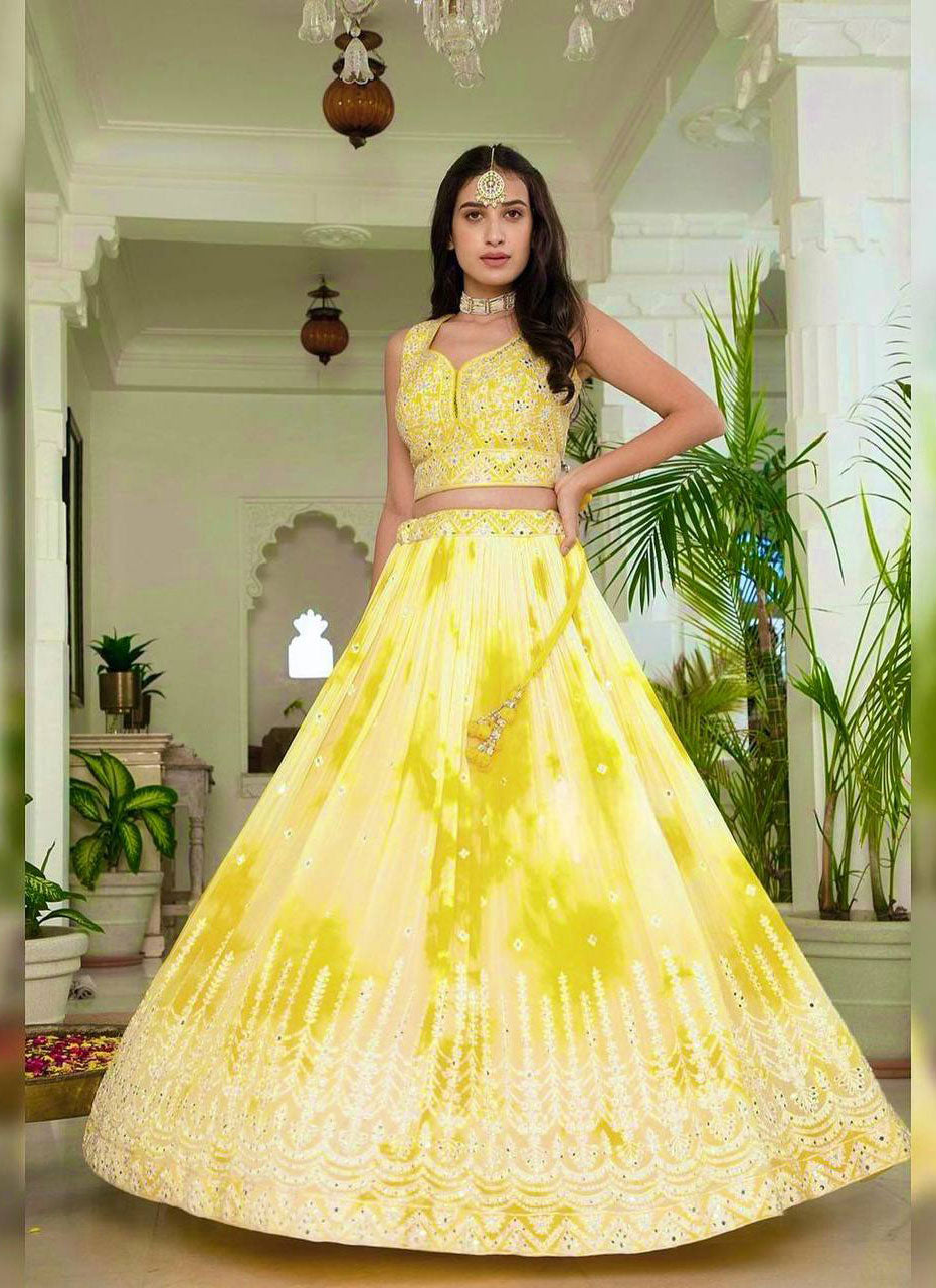 Yellow Digital Print Embroidered Attractive Party Wear Silk Lehenga choli SI 197