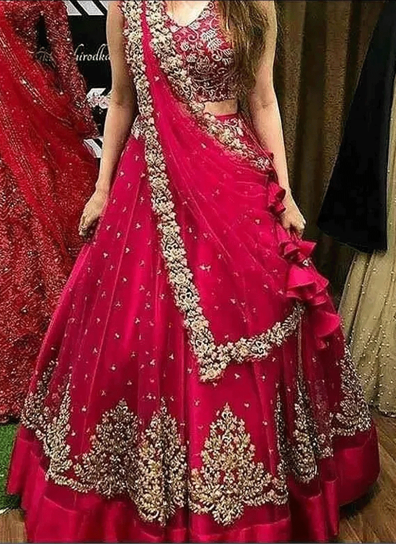 Pink Colored Party Wear Designer Embroidered Malay Satin Silk Bridesmaid Lehengas SI 249