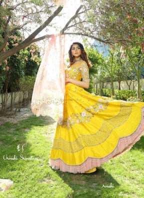 Yellow Colored Party Wear Peach Colored Dupatta Bridesmaid Lehengas With Embroidery Work LC 262