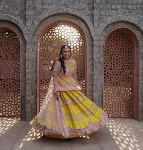 Yellow Colored Party Wear Peach Colored Dupatta Bridesmaid Lehengas With Embroidery Work LC 262