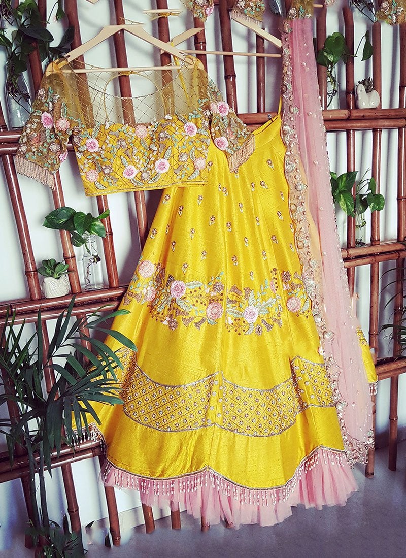 Yellow Colored Party Wear Peach Colored Dupatta Bridesmaid Lehengas With Embroidery Work LC 262