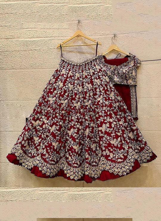 Maroon Colored Party wear Designer Embroidered Malay Satin Silk Bridesmaid Lehengas SI 285