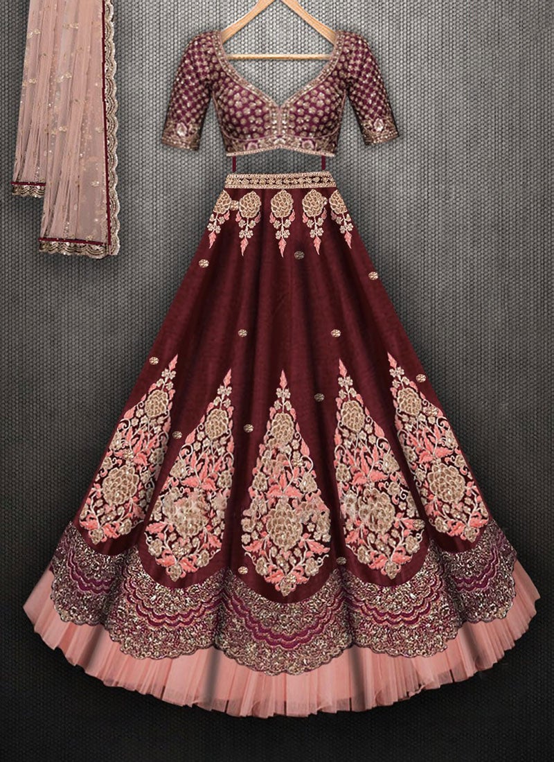 Maroon Colored Party Wear Bridesmaid Lehengas With Embroidery Work