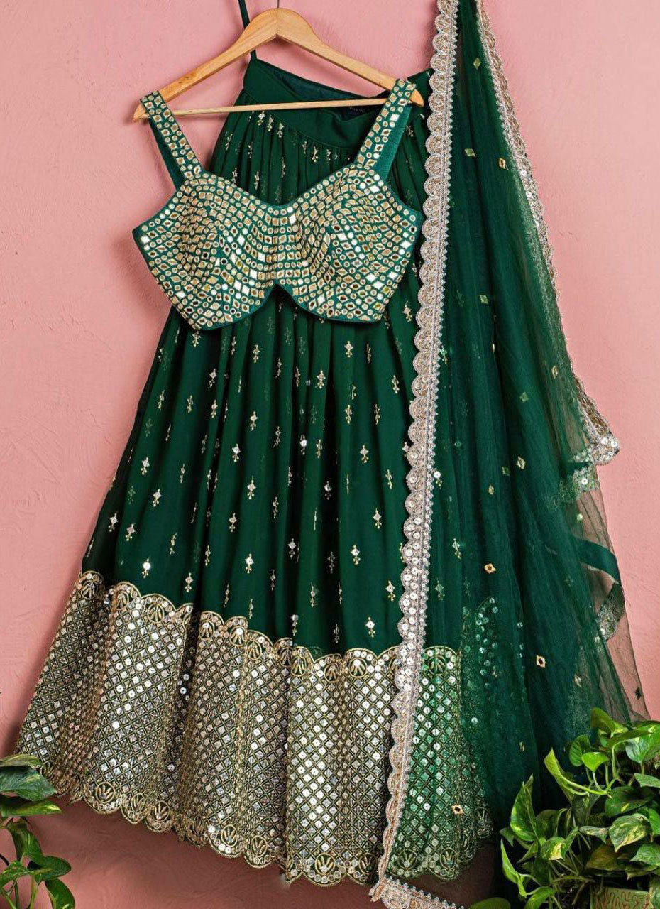 Green Designer Partywear Embroidered Work Malay Satin Material Bridesmaid Lehengas SI 501