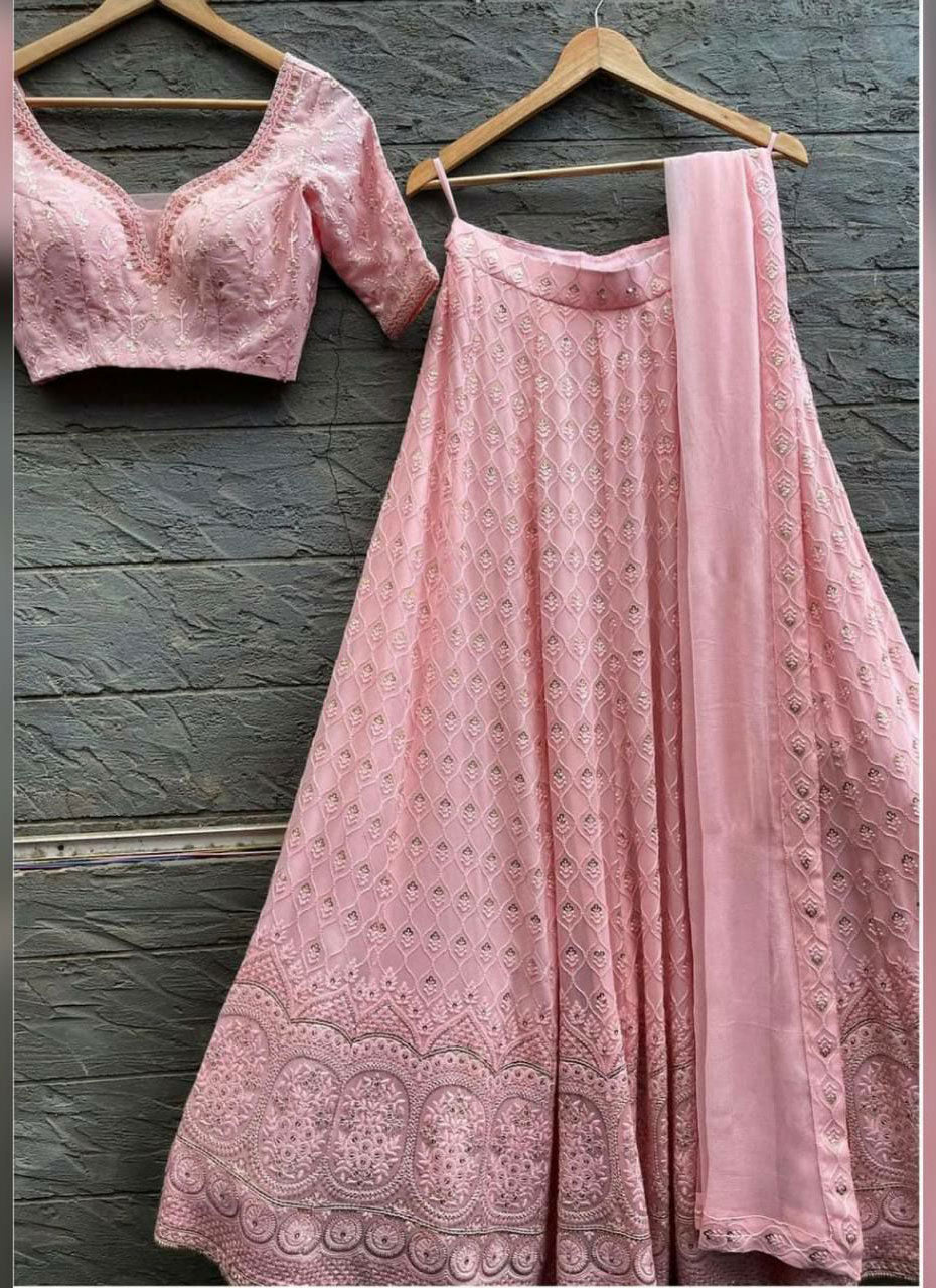 Pink Colour Designer Partywear Embroidered Work Bridesmaid Lehengas SI 523